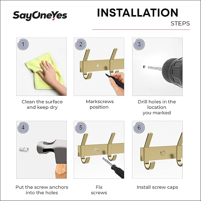 Brushed Gold Wall Mounted Coat Rack – 17 Inch Stainless Steel Rail with 6 Double Coat Hooks for Entryway, Bathroom, Bedroom, Kitchen – Modern Gold Hook Rack for Coats, Hats, Towels