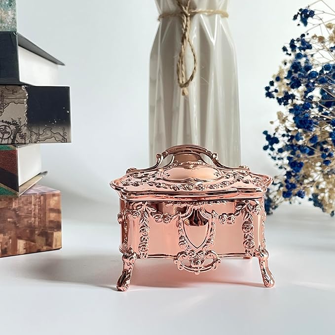 Truewon Princess Jewelry Box, Modern Korean Asian Design Metal Chest Earring Ring Necklaces Storage for Girls (Rose Gold, Small)