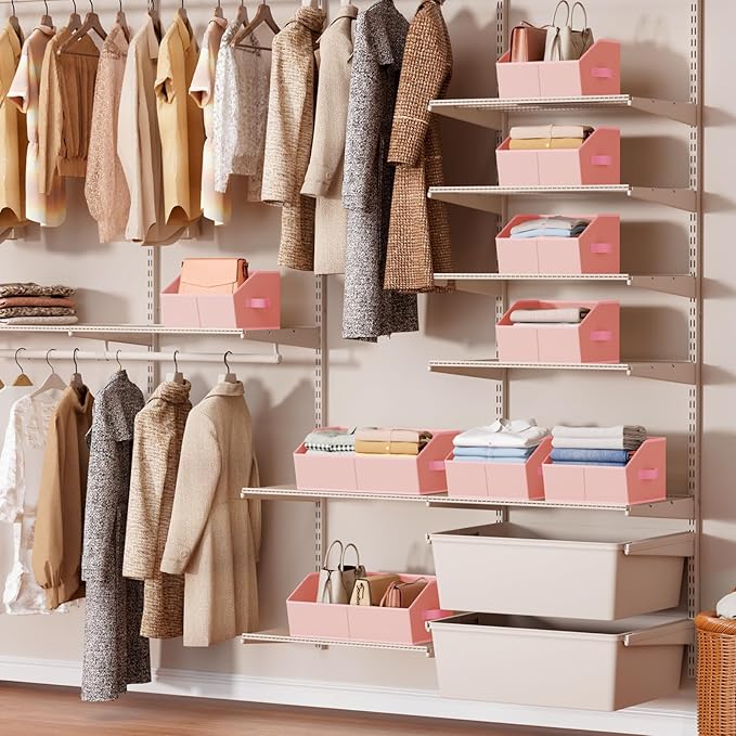 Storage Bins for Shelves - Large Trapezoid Closet Shelf Organizer, Fabric Organization Bins with Handles, Storage Baskets for Clothes, Towel, Purse, 4 Pack, Pink