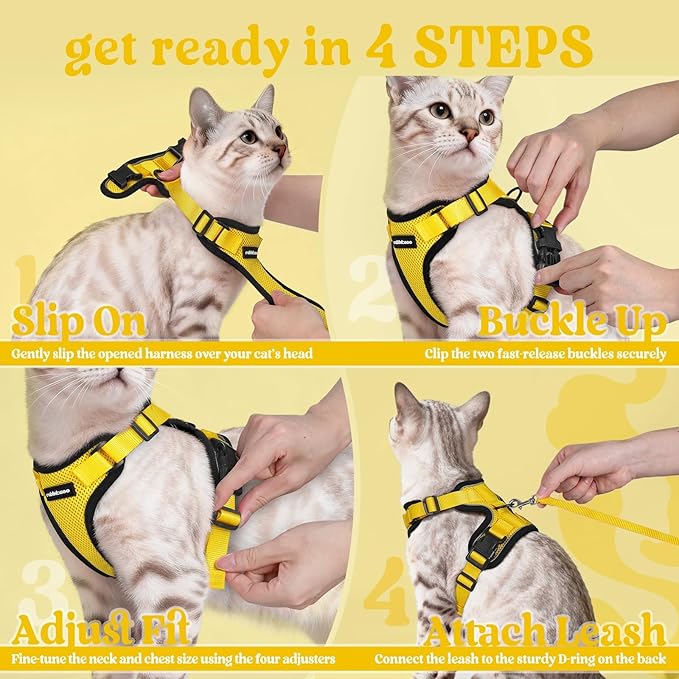 rabbitgoo Cat Harness and Leash for Walking, Escape Proof Soft Adjustable Vest Harnesses for Cats, Easy Control Breathable Reflective Strips Jacket, Yellow, M