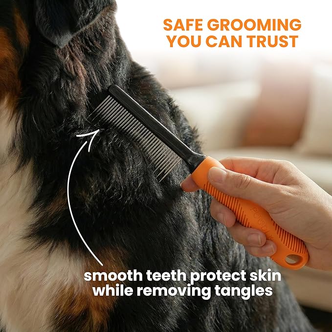 Poodle Grooming Comb - Metal Dematting Comb with Long & Short Stainless Steel Teeth for Removing Matted Hair & Knots, Safe and Gentle for Dogs & Cats (Orange)