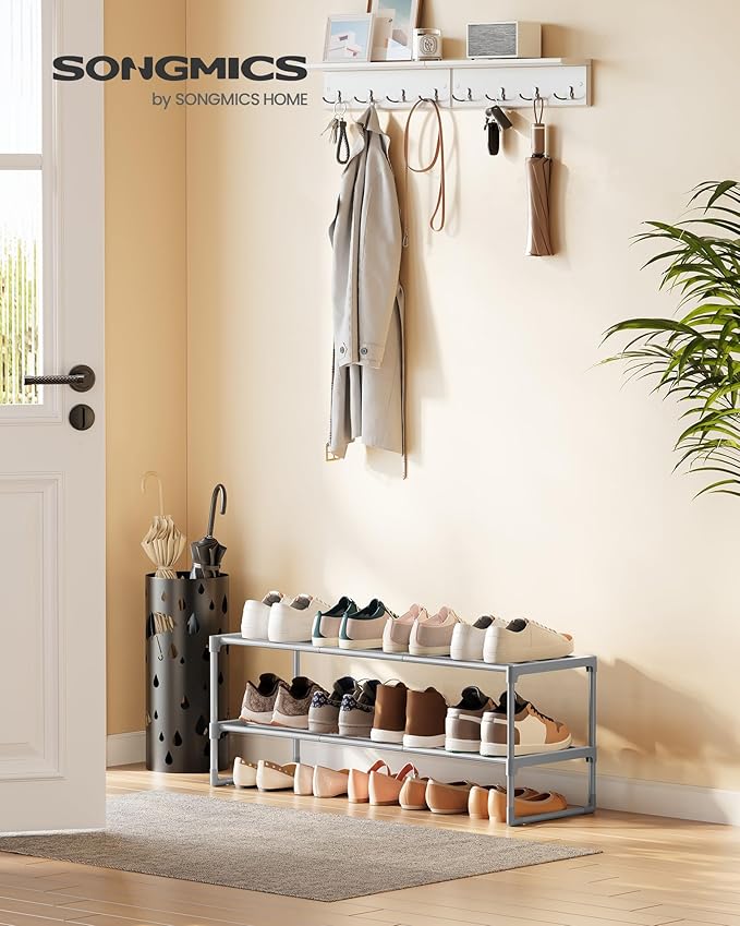 SONGMICS Shoe Rack, 2-Tier Shoe Organizer, Metal Storage Shelf, Upright or Upside Down, for 12-15 Pairs, Stackable, for Entryway, 11.8 x 36.2 x 13.4 Inches, Gray ULSA012G01