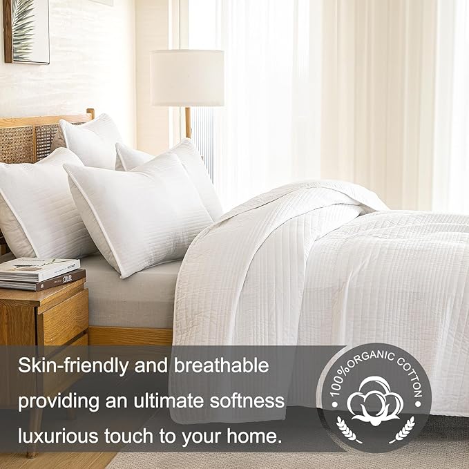 100% Cotton Queen Quilt Set 3-Piece,Lightweight and Textured Bedspread Coverlet & 2 Pillow Shams,All-Season Lightweight Queen Comforter Bedding Set（White）