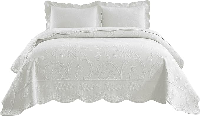 MarCielo 3-Piece 100% Cotton Oversized Bedspread Lightweight Quilt Coverlet Embroidery Farmhouse Bedding Set (TX Bright White, Oversized King (118"x106"))