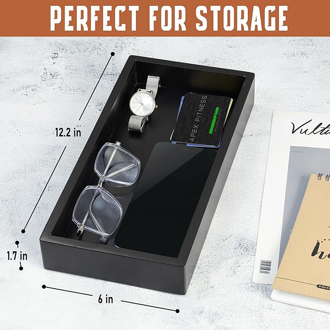 Demigo Acacia Valet Tray, 12.2 x 6 in Men and Women Wooden Catch All Tray for Entryway Table, Bedside Nightstand Organizer, Home Office, Tabletop Storage Vanity for Wallet, Jewelry, Perfume (Black)