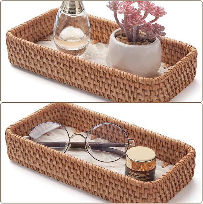 YANGQIHOME Jewelry Tray, Rattan Jewelry Organizer with White Leaf Base – Decorative Jewelry Organizer Dish for Rings, Watches, Keys – Ideal for Bedroom, Living Room, Entryway, Natural