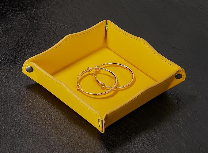 Jewelry Tray, PU Leather Valet Tray - Catchall for Keys, Wallet, Coins - Yellow