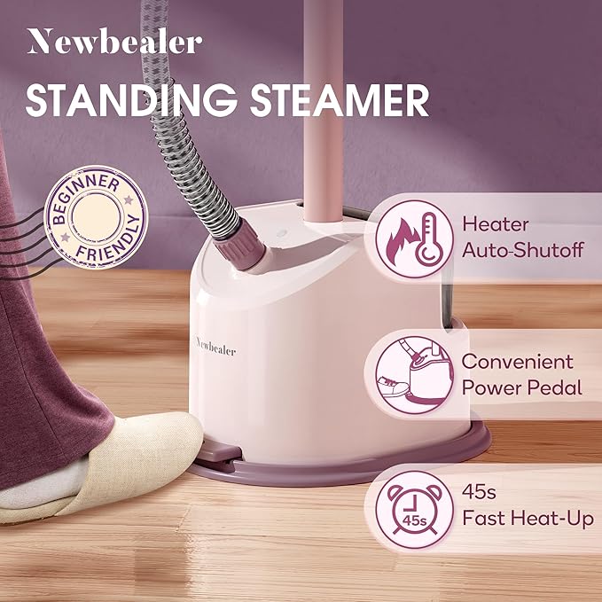 Newbealer Standing Garment Steamer - 1500W Full-Size Vertical Clothes Steamer with Foot Pedal, 57.5oz (1.7L) Large Water Tank, 45s Fast Heat-Up, 50-Min Powerful Steaming, Auto-Off (Pink)