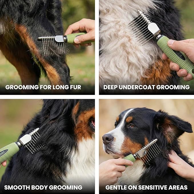 Poodle Dematting Fur Rake Comb Brush for Dogs and Cats - Long 2.5" Steel Safety Blades Metal Comb for Detangling Matted or Knotted Undercoat Hair (Green)