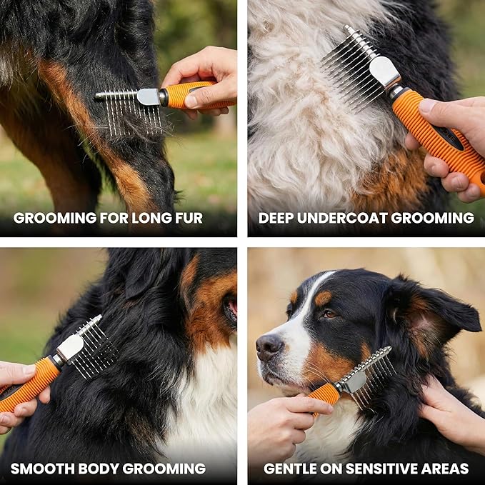 Poodle Dematting Fur Rake Comb Brush for Dogs and Cats - Long 2.5" Steel Safety Blades Metal Comb for Detangling Matted or Knotted Undercoat Hair (Orange)