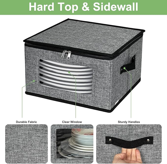 China Storage Containers, 12 Inch Dish Dinner Plate Storage Containers, Hard Shell Quilted Dinnerware Storage Box Case with Lids and Felt Protectors for Dishes Plates Storage and Moving (Dark Grey)