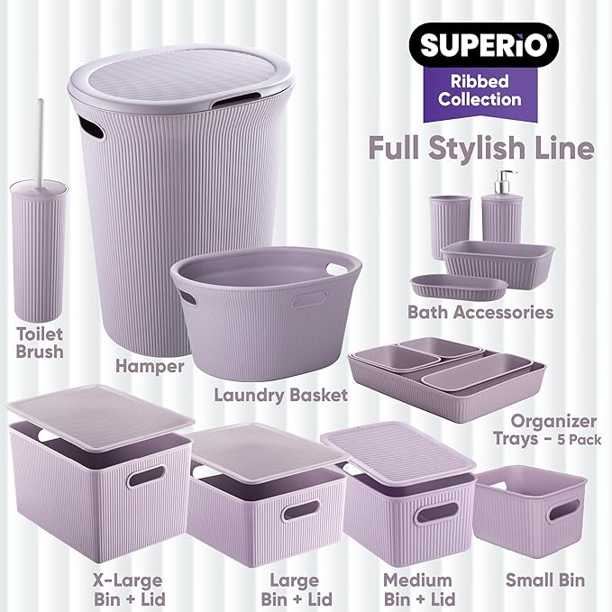 Superio Ribbed Collection - Decorative Plastic Laundry Basket & Laundry Hamper with Lid and Cut-Out Handles, Lilac (Set of 2) Organzier for Bedroom Bathroom College Dorm Room