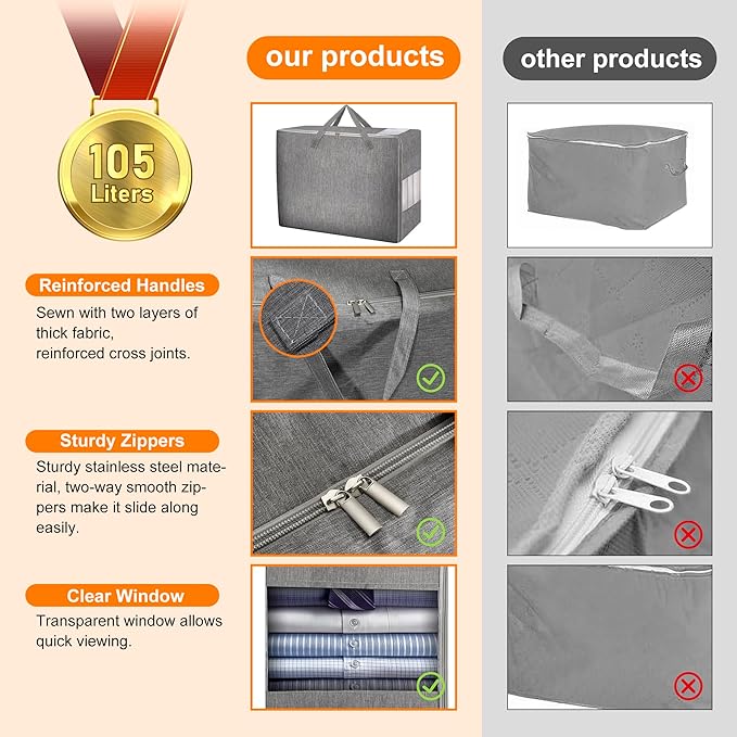 2 Pack 105L Comforter Storage Bags, Extra Large Bedding Storage Bags with Category Card and Clear Window, Reinforced Handles & Zippers, Foldable Closet Organizers for Blanket Pillow