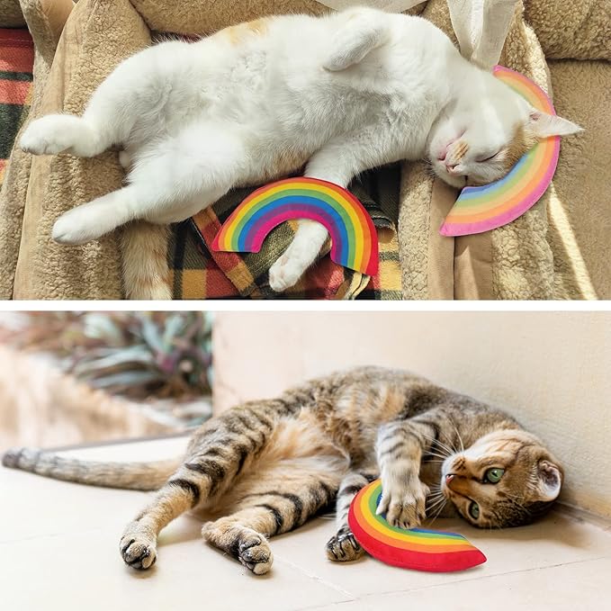 Catnip Toys for Indoor Cats Kitten, Kitty Toys Rainbow Cat Kicker Pillow 2Pcs, Interactive Fun Cat Nip Chew Teeth Cleaning Toys for All Pet Breed