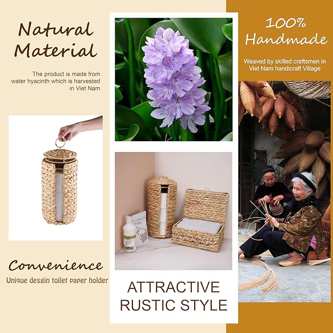 Wicker Toilet Paper Storage Stand with Lid, Toilet Paper Holder for Up to 3 Mega Rolls, Water Hyacinth Toilet Paper Basket Bathroom Accessories Organizer