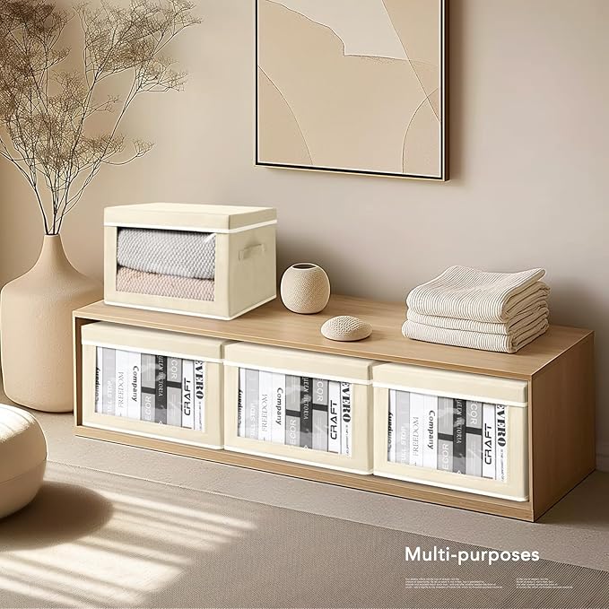 Storage Cubes with Lids - 5 Pack Foldable Clear Window Storage Bins, Large Decorative Storage Bins with Handles, Storage Containers for Clothes, Towel, Blanket, Sheet, Beige