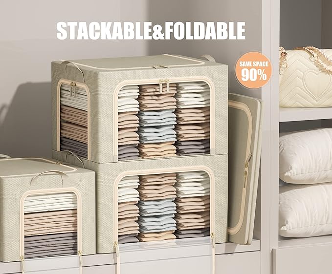 3 Opeings Large Clothes Storage Bins with Metal Frame, Foldable Storage Bin for Clothes, Clothing Storage Bins with Lid, Linen Storage Box With Clear Window＆ Zippers＆ Durable Handles.(3 Pcs,Beige,66L)