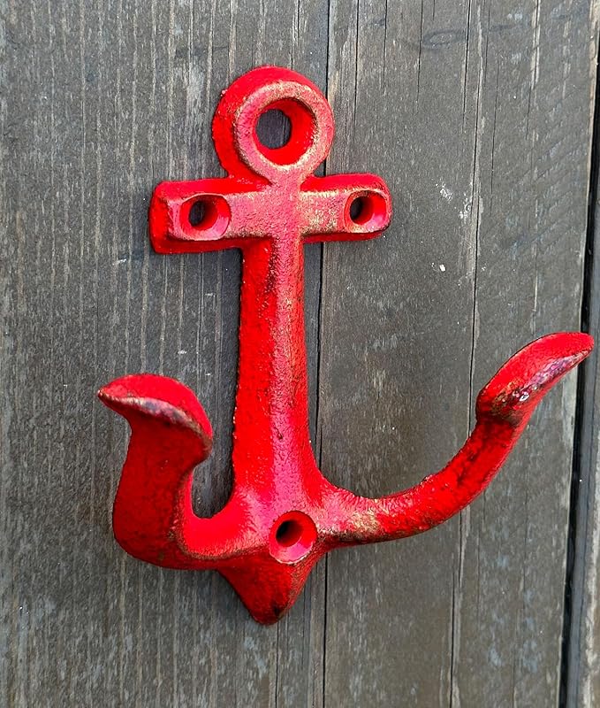 KiaoTime RED Vintage Rustic Cast Iron Nautical Anchor Design Wall Hooks Coat Hooks Rack, Decorative Wall Mounted Antique Shabby Chic Metal Home Bath Room Towel Coat Hooks Hanger