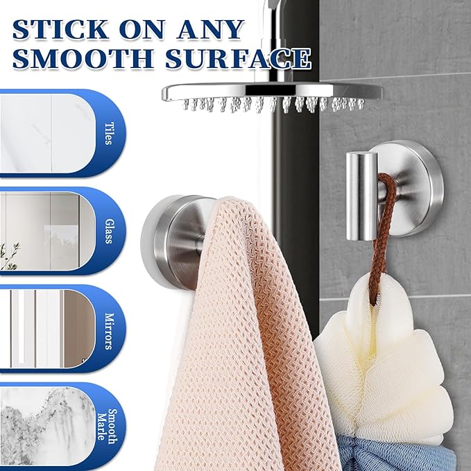 Heavy Duty Reusable Suction Cup Hooks for Shower - No Drill Bathroom/Glass/Mirror/Tiles & Metal Surfaces,and Smooth Non-Porous Surfaces for Towels, Robes, Loofahs (4, Brushed Nickel)