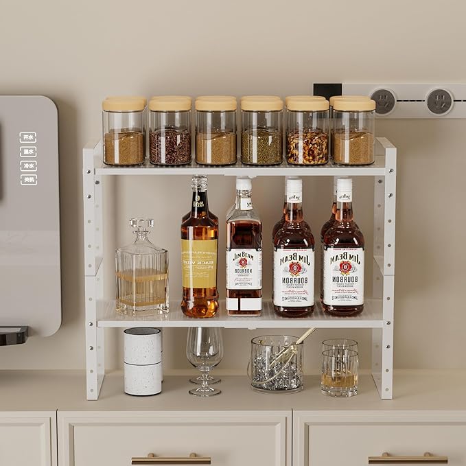 Multi-Functional Metal Shoe Rack,Expandable Adjustable Stackable Kitchen Organizer,Metal Shelf risers for cabinets, Kitchens and Closet, Bathroom2Packs/White/Medium