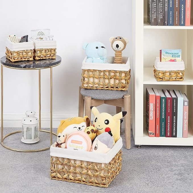 Vagusicc Wicker Storage Basket, Rectangular Wicker Baskets for Storage, Woven, Water Hyacinth and Seagrass Storage Baskets for Organizing, Cube Storage Bins for Closet/Clothes/Dresser, Beige, 5-Pack