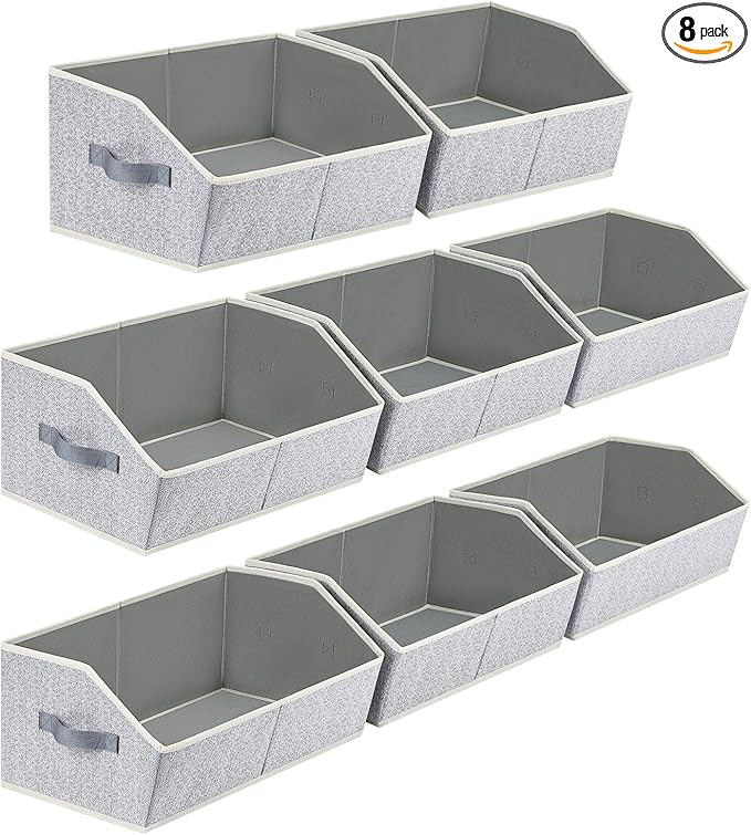 Trapezoid Bins for Organization - 8 Pack Storage Cubes, Decorative Fabric Organizer Bins, Large Baskets for Storage, Linen Storage Organizer for Clothes, Books, Home, Light Gray
