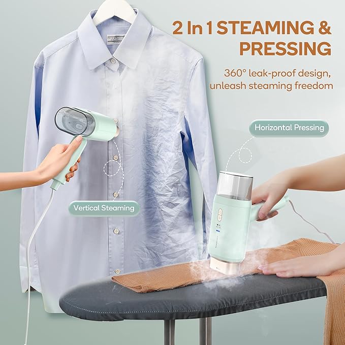 Newbealer Dual Voltage Travel Steamer - 120V/220V Handheld Steamer for Clothes, 1200W Horizontal & Vertical Steaming, 20s Heat-up, Foldable, 180ml Garment Wrinkle Remover (Green)