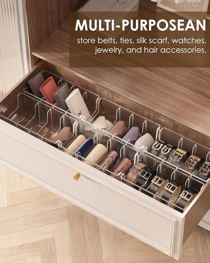 HAYVAN 2-Pack Acrylic Belt Organizer for Closet & Drawer - 8 Detachable Compartments, Clear Belt Holder Display Fits Most Sizes, Storage for Ties, Bows, Jewelry (Space-Saving Design)