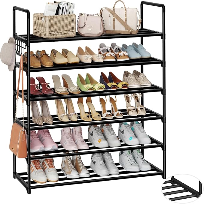 Metal Shoe Organizer,6 Tiers Shoe Storage Shoe Rack with Hooks,Fit 24-30 Pairs,Adjustable Shoe Shelf for Entryway,Hallway,Bedroom,Metal Bottom Support