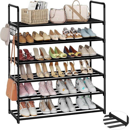 Metal Shoe Organizer,6 Tiers Shoe Storage Shoe Rack with Hooks,Fit 24-30 Pairs,Adjustable Shoe Shelf for Entryway,Hallway,Bedroom,Metal Bottom Support