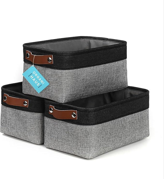 OrganiHaus Small Fabric Storage Baskets for Shelves 3 Pack, 12x08in Closet Storage Bins for Shelves, Canvas Baskets for Organizing, Linen Closet Organizers, Cloth Basket, Gray/Black
