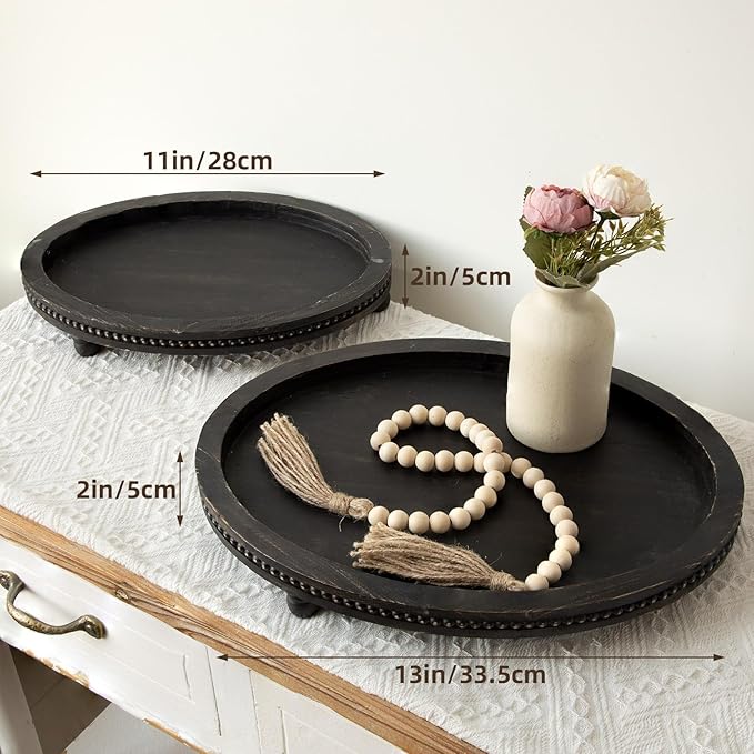2 Piece Oval Black Wooden Serving Tray Set with Beaded Design, Centerpiece Table Decorations Tray for Living Room Ottoman, Coffee Table Tray for Farmhouse Home Decor