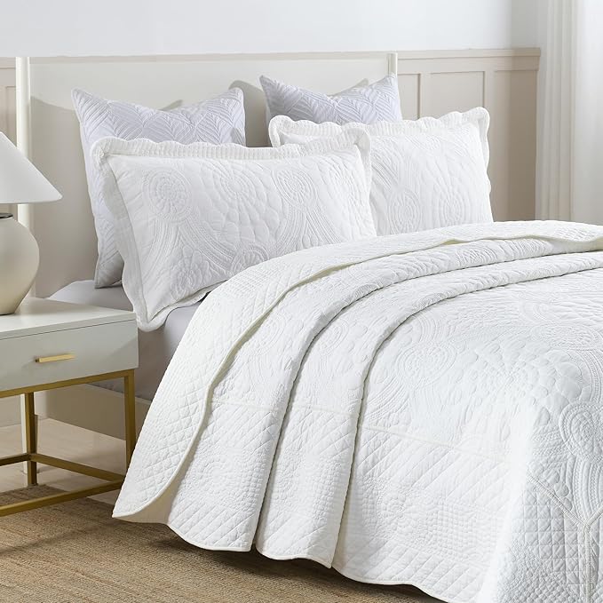 MarCielo 100% Cotton Quilt Set - 3-Piece Embroidered Farmhouse Bedspread & Shams, All-Season Breathable Bedding (Tf Bright White,King)