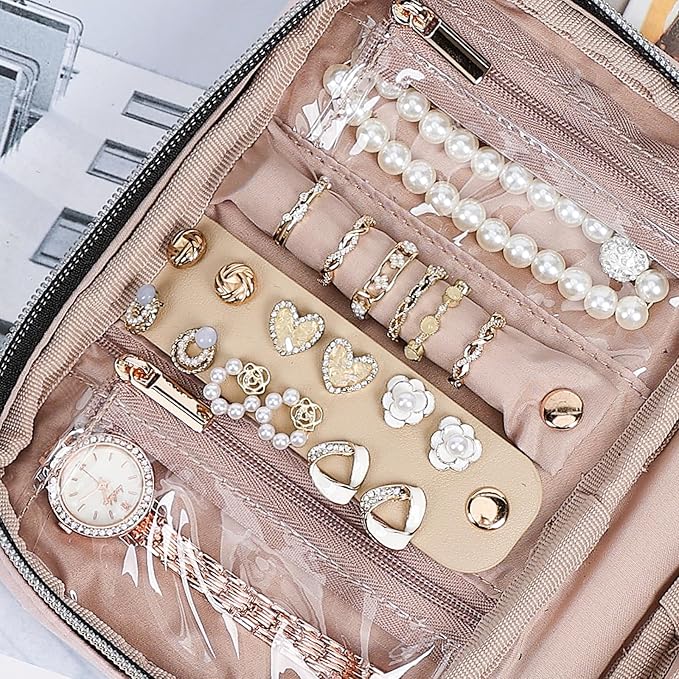 NISHEL Travel Jewelry Case, Holiday Organizer for Necklaces, Earrings, Rings, Bracelets, Watch, Small Size,Pink