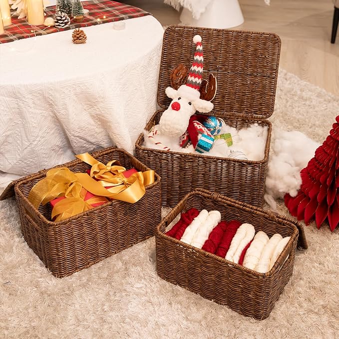 Baskets with Handles, Wicker Storage, Shelf Boxes for Organizing, Stackable Woven Bins, Decorative Lidded Resin, Set of 3, Toffee
