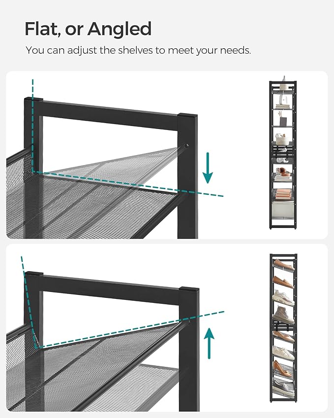 SONGMICS Shoe Rack, 8-Tier Shoe Organizer, Metal Rack for Garage, Set of 2, 4-Tier Stackable Shelf, with Adjustable Flat or Angled Shelves, 32-40 Pairs, Ink Black ULMR08B