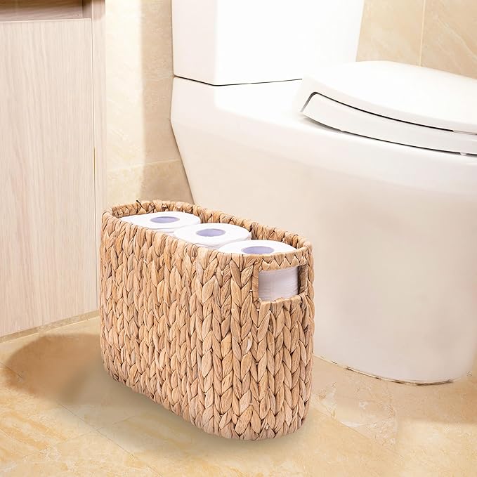 Wicker Toilet Paper Storage Holder with Built-in Handles, Toilet Paper Holder for up to 6 Mega Rolls, Water Hyacinth Toilet Paper Baskets Bathroom Accessories Organizer