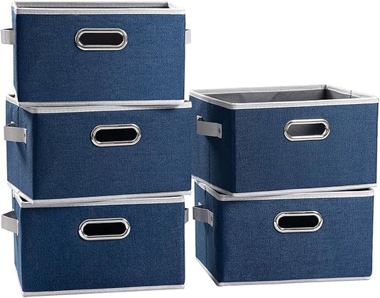 PRANDOM Fodable Storage Baskets for Closet [5-pack] Decorative Fabric Storage Bins Cubes with Leather/Metal Handles for Shelves Bedroom Living Room Royal Blue (11.5x8.5x6.7 Inch)