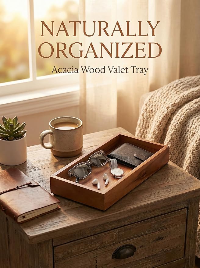 Demigo Acacia Wood Valet Tray & Catchall - 12.2x6 Inch Organizer for Nightstand, Entryway, Dresser - Holds Keys, Wallet, Phone, Jewelry (Brown)