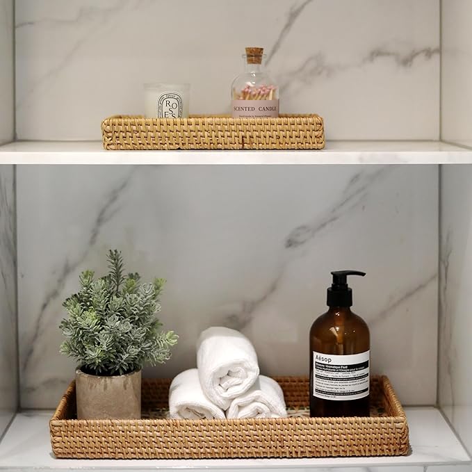 2 Pack Rattan Bathroom Vanity Tray with Mother of Pearl Inlay, Toilet Tank Tray, Toilet Basket Tank Topper, Bathroom Basket for Organizing and Decor (Green Leaves)