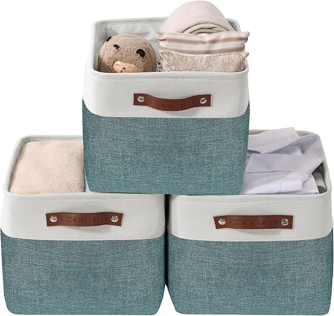 DECOMOMO Storage Baskets for Shelves - Fabric Closet Organizers and Storage Bins, Perfect Baskets for Organizing Closet Toys Nursery (Green and White, XL - 3 Pack)