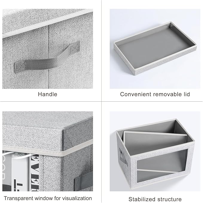 Storage Boxes with Lids - 3 Pack Fabric Clear Window Storage Bins, Collapsible Storage Bins with Lids, Linen Closet Organizer for Clothes, Towel, Blanket, Light Grey