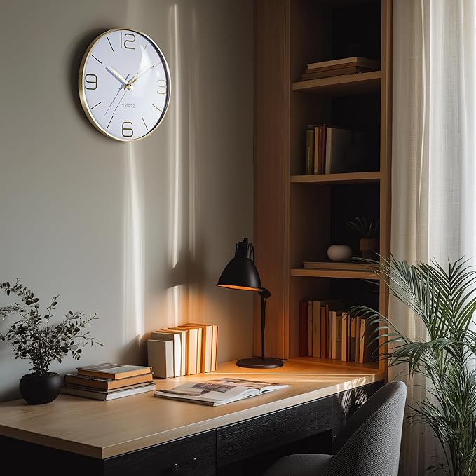 AYRELY® 12 Inch Silent Modern Wall Clocks Battery Operated, Wall Clock for Living Room Décor,Gold Metal Frame Clock Decorative for Bedroom,Kitchen,Office