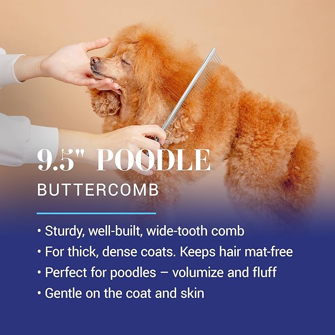 Chris Christensen 9in Coarse Poodle Butter Comb, Groom Like a Professional, Rounded Corners Prevent Friction and Breakage, Solid Brass Spin with Steel Teeth, Chrome Finish