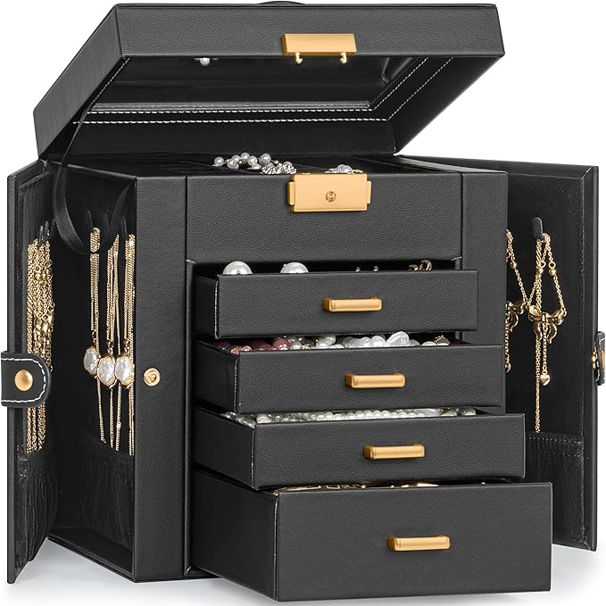 TORIBIO Jewelry Box for Women, Leather Jewelry Organizer with Mirror & Lock, 5-Tier Jewelry Storage Organizer with 4 Drawers for Girls/Women/Mothers, Necklace Earring Bracelets Holder Organizer