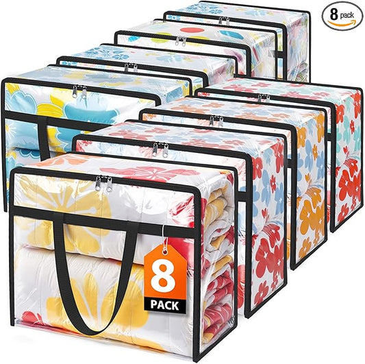 Clear Clothes Storage Bags, 8 Pack Closet Organizers and Under Bed Storage Containers, Foldable Moving Bags with Zippers for Comforter, Blanket, Bedding, Duvet, PVC Packing Bags 90L