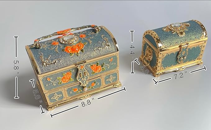 Retro Jewelry Box Arched Vintage Rectangular Metal Chest Necklace Ring Earrings Storage Case for Women Girls (Golden Starlight Blue-purple, XL Lock)