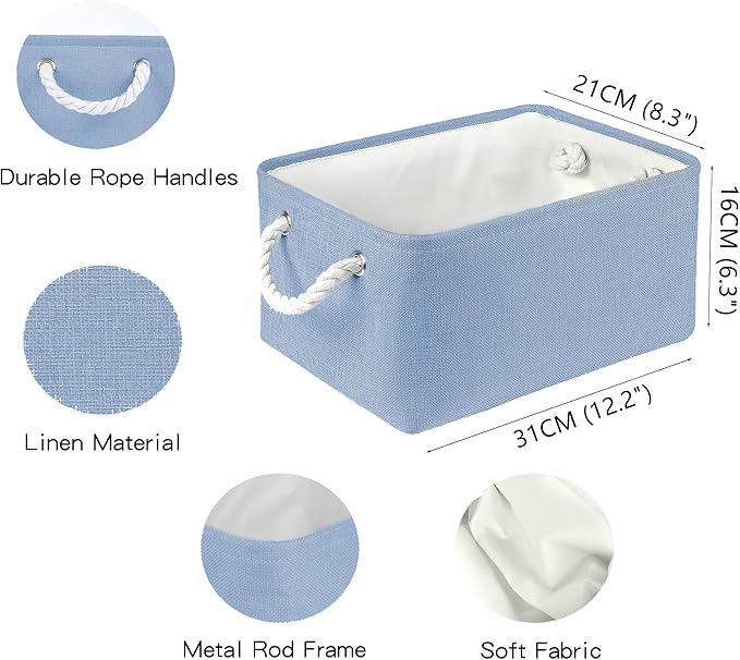 Storage Bins with Sturdy Cotton Handles(1 Pack), Fabric Storage Baskets for Organizing use for Office & Home, Book, Clothes, Toys, Closet Boxes (Small, Blue, 12.2x8.3x6.3 inches)