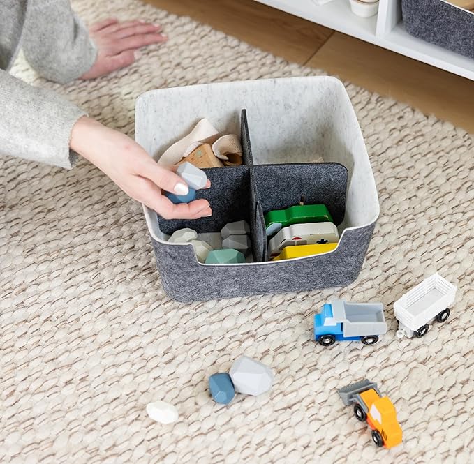 Three by Three Seattle felt·like·it!™ Medium Cubby Storage Bin Set of 2 with Dividers – Eco-Friendly Recycled Felt Bins for Home & Office Organization, Charcoal
