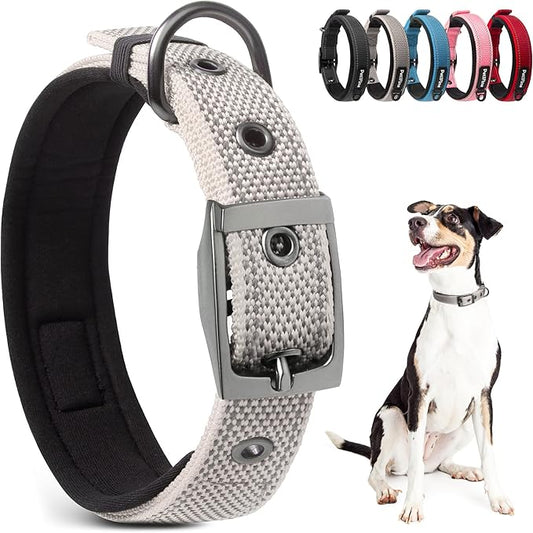 PetiFine Dog Collars for Medium Dogs, Neoprene Padded and Adjustable, Reflective Wide Heavy Duty Pet Collars with Durable Metal Belt Buckle for Walking, Grey, M
